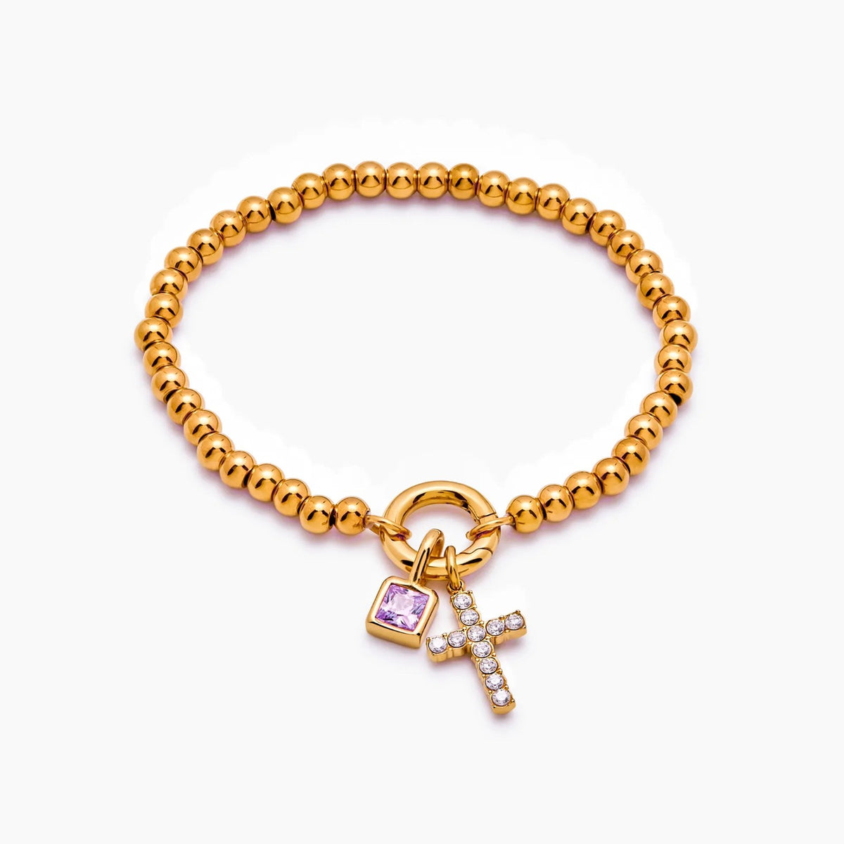 beaded-cross-birthstone-bracelet — Gold / Oct-Pink Tourmaline