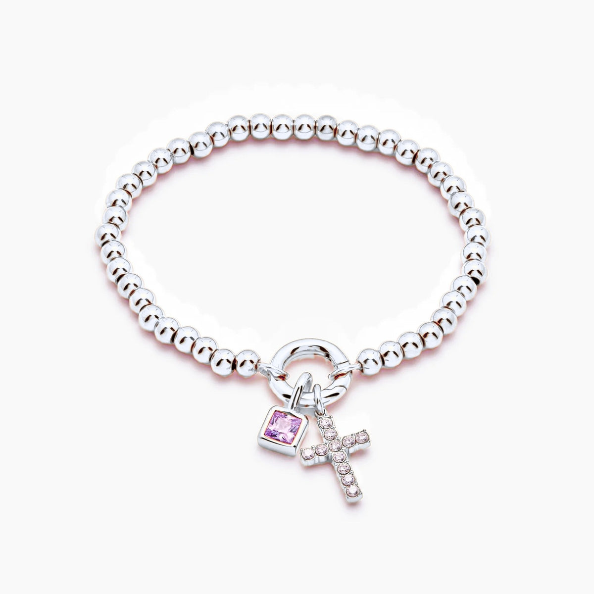 beaded-cross-birthstone-bracelet — Silver / Oct-Pink Tourmaline