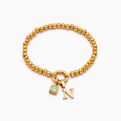 beaded-initial-birthstone-bracelet — Gold / Aug-Peridot