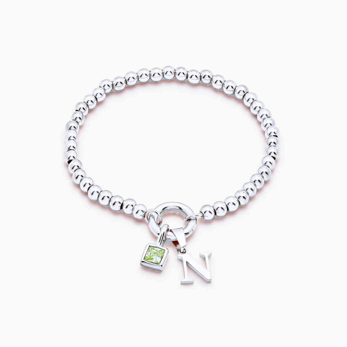 beaded-initial-birthstone-bracelet — Silver / Aug-Peridot