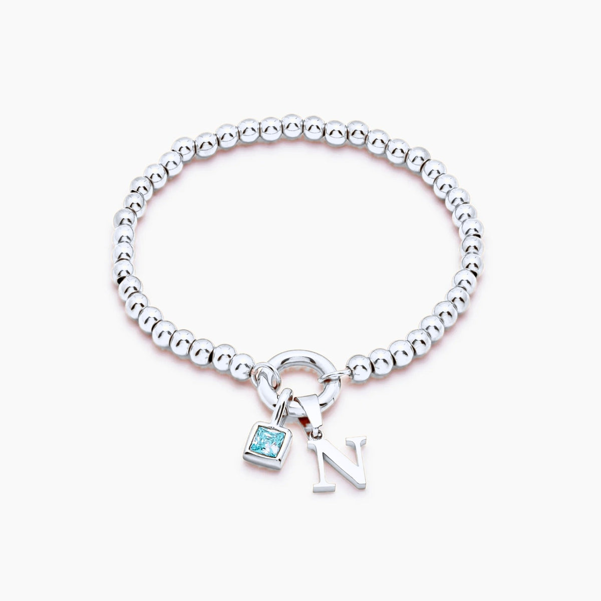 beaded-initial-birthstone-bracelet — Silver / Mar-Aquamarine
