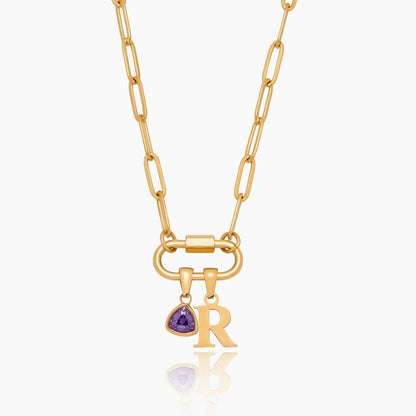 carabiner-charm-lock-necklace-with-initial-birthstone — Gold / Feb-Amethyst