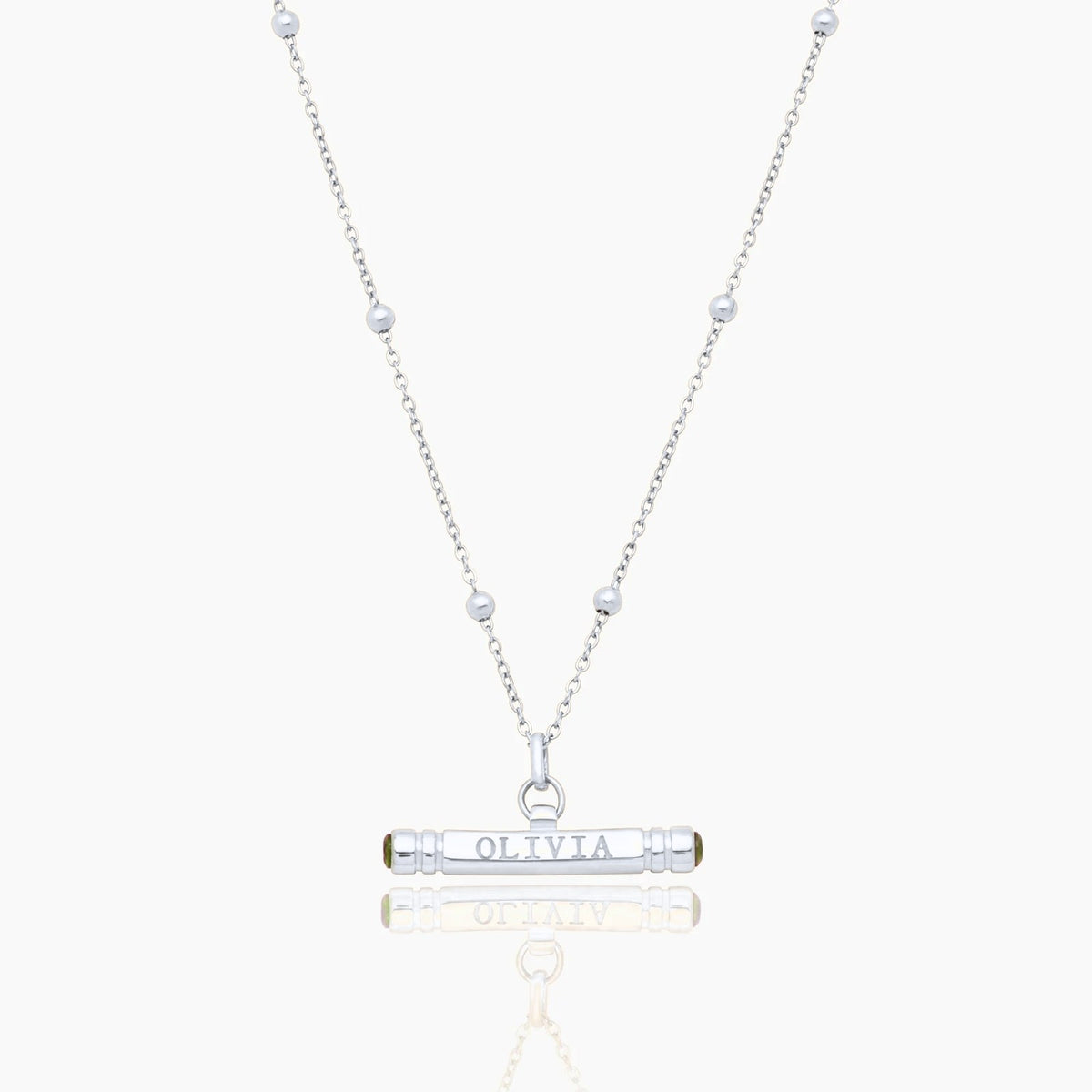 custom-name-birthstone-t-bar-necklace — Silver / Aug-Peridot