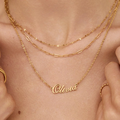 Signature name necklace styled on neck — Olivia Jewelry