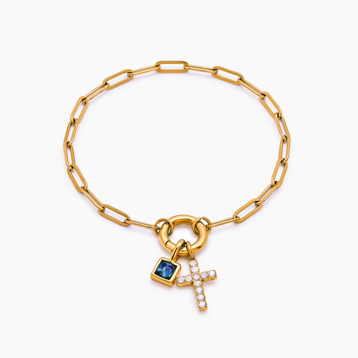 paperclip-cross-charm-bracelet — Gold / Mar-Aquamarine