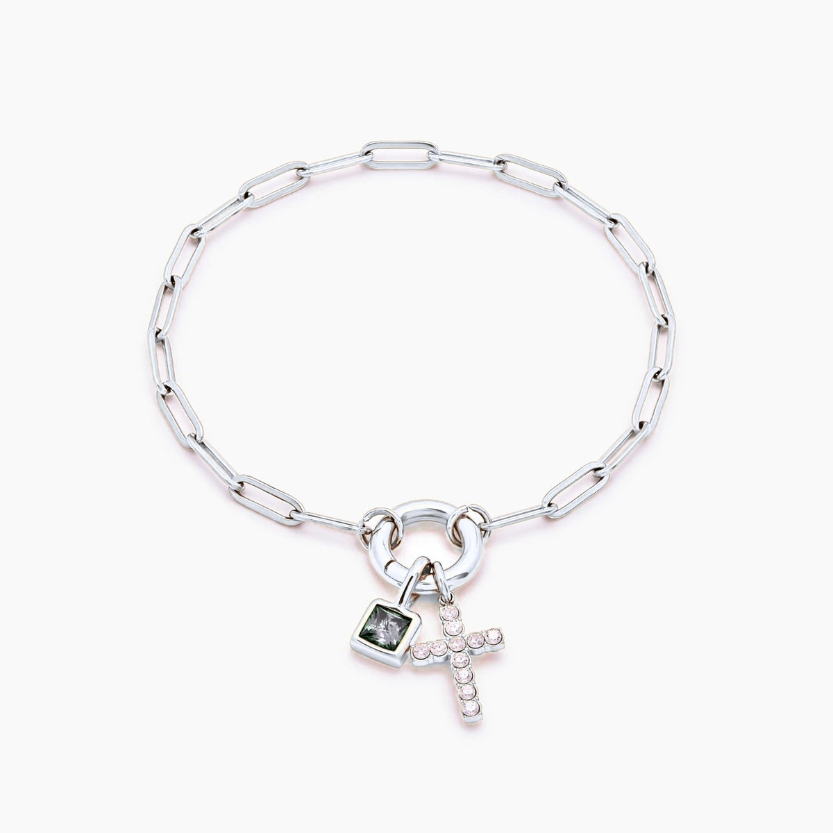 paperclip-cross-charm-bracelet — Silver / Apr-Diamond