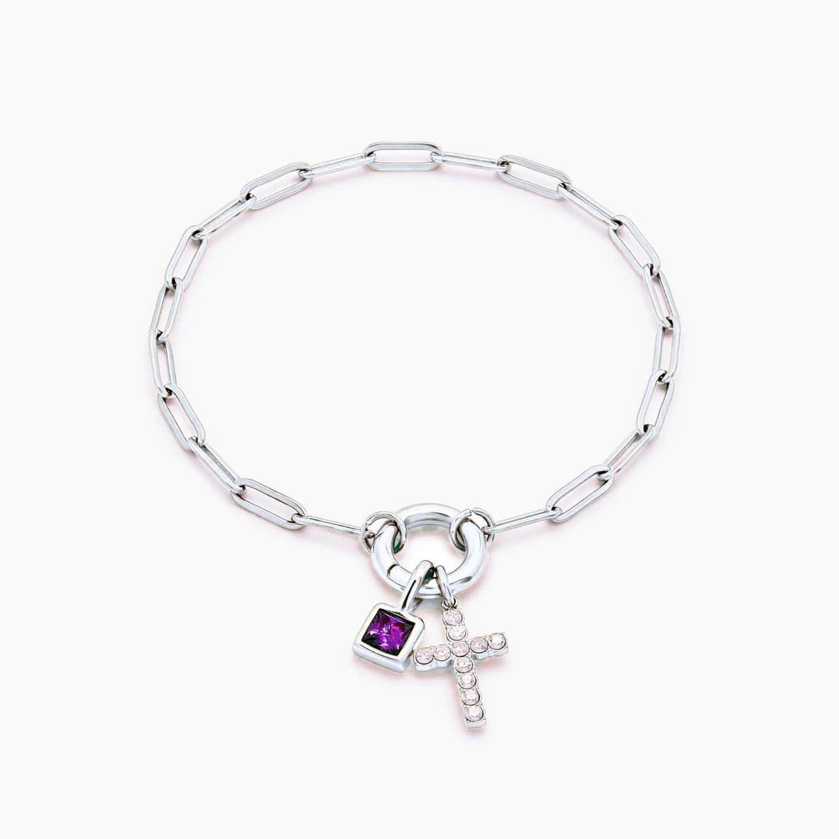 paperclip-cross-charm-bracelet — Silver / Jun-Alexandrite