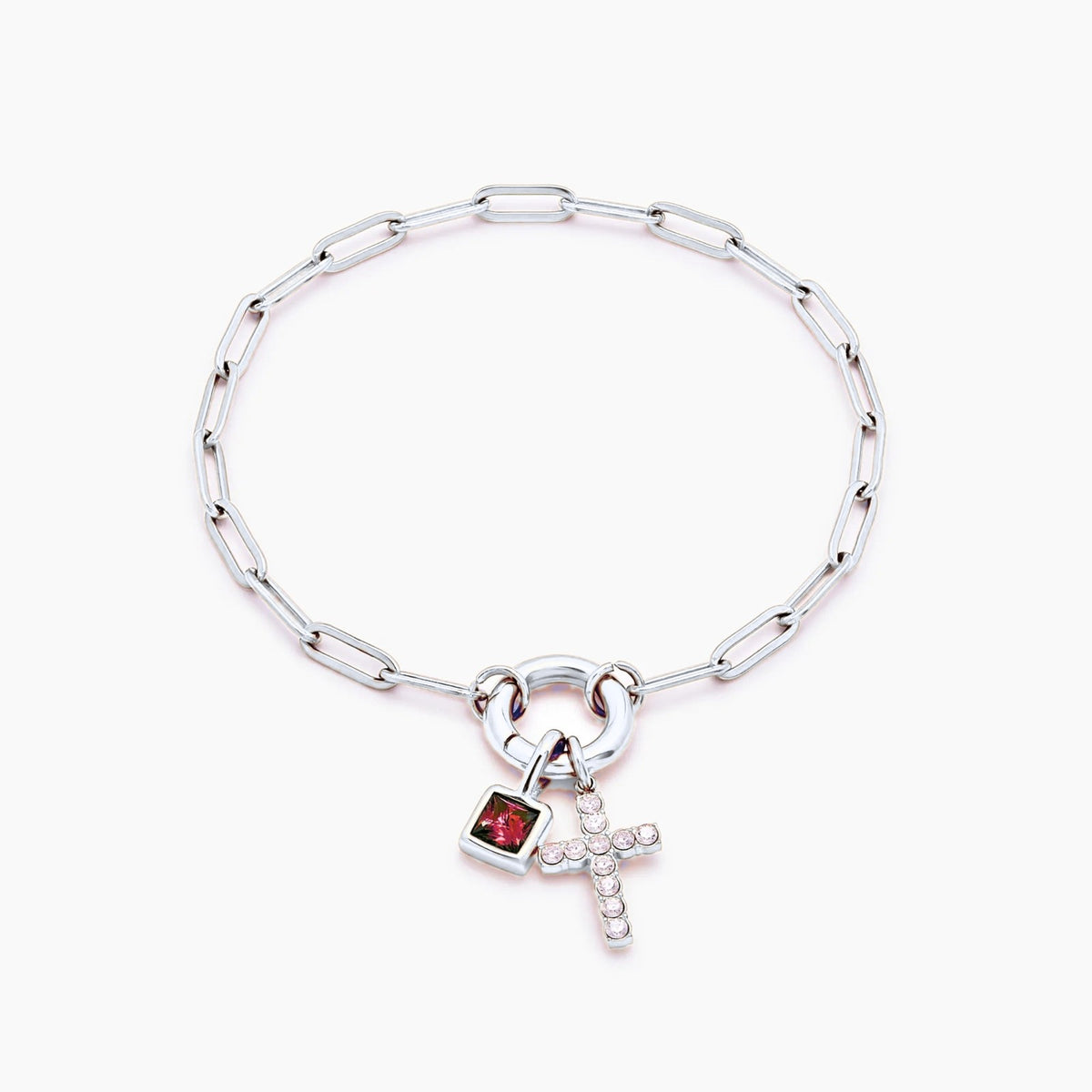 paperclip-cross-charm-bracelet — Silver / Oct-Pink Tourmaline