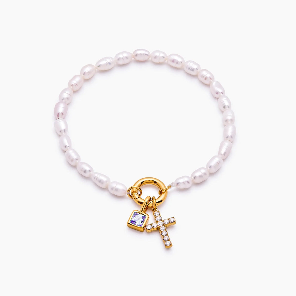 pearl-birthstone-cross-charm-bracelet — Gold / Feb-Amethyst
