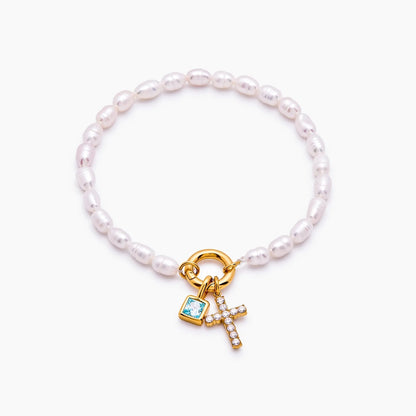 pearl-birthstone-cross-charm-bracelet — Gold / Mar-Aquamarine
