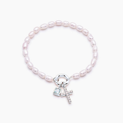 pearl-birthstone-cross-charm-bracelet — Silver / Apr-Diamond