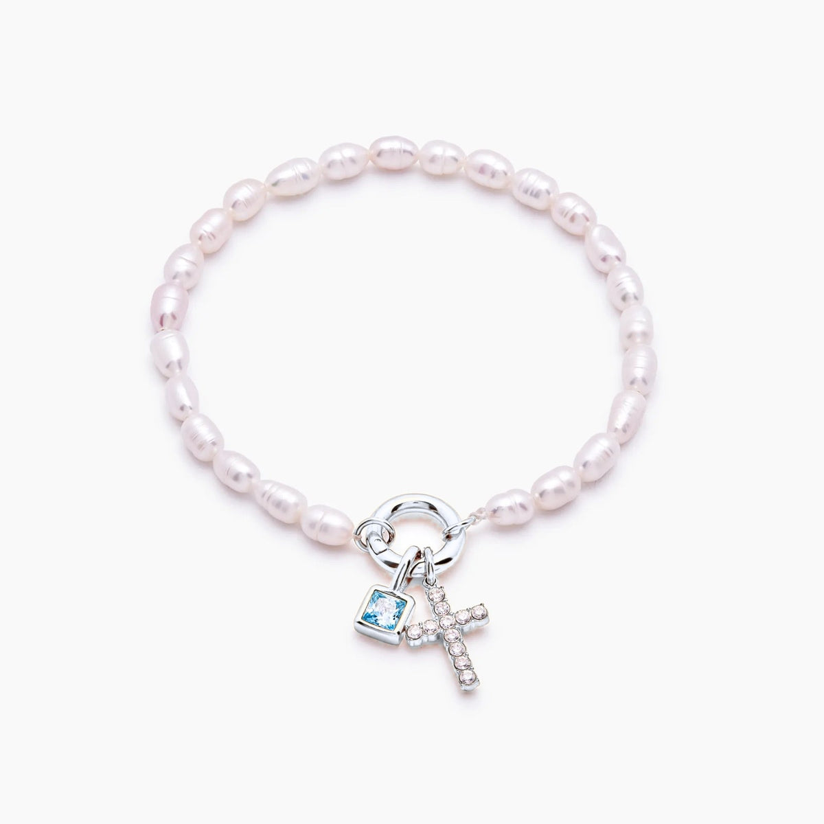pearl-birthstone-cross-charm-bracelet — Silver / Dec-Blue Topaz