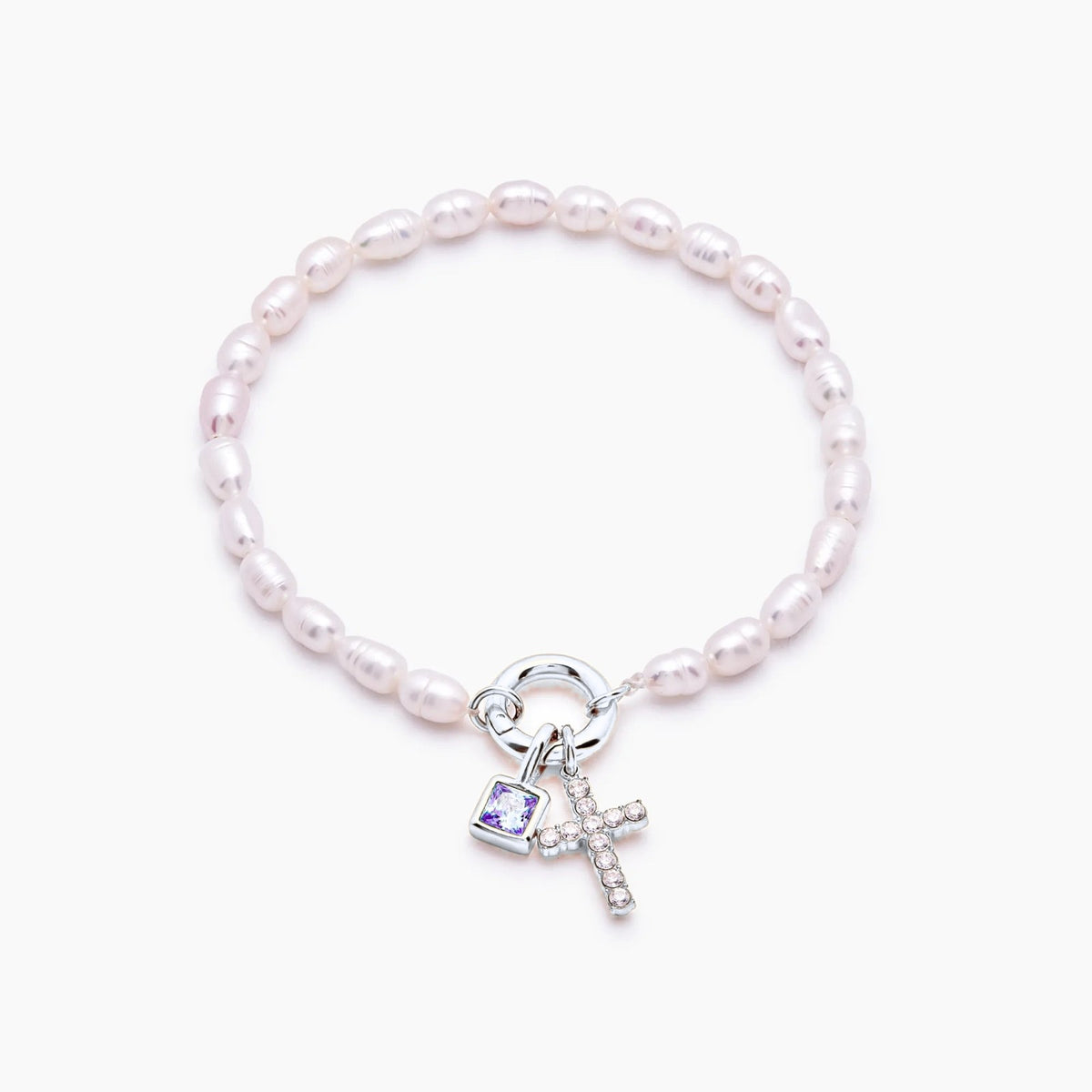 pearl-birthstone-cross-charm-bracelet — Silver / Feb-Amethyst