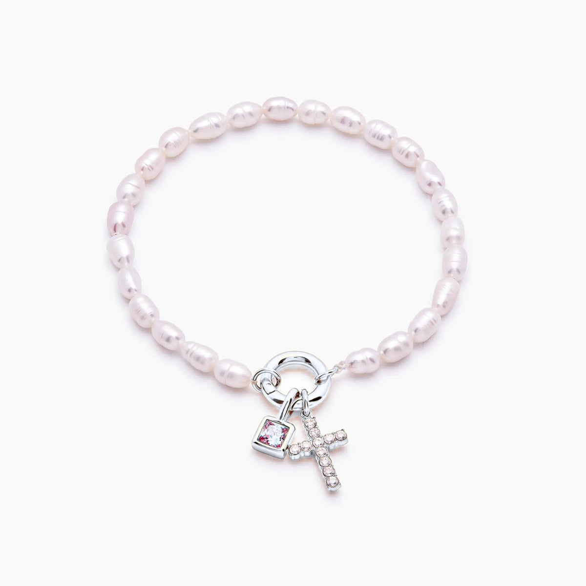 pearl-birthstone-cross-charm-bracelet — Silver / Jul-Ruby