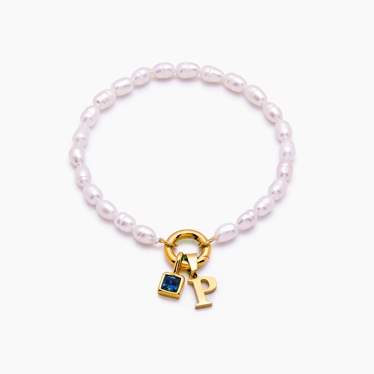pearl-initial-birthstone-bracelet — Gold / Dec-Blue Topaz