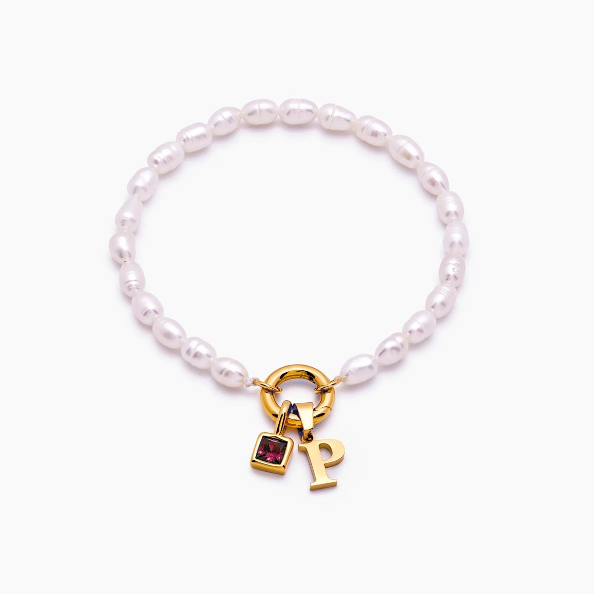 pearl-initial-birthstone-bracelet — Gold / Oct-Pink Tourmaline