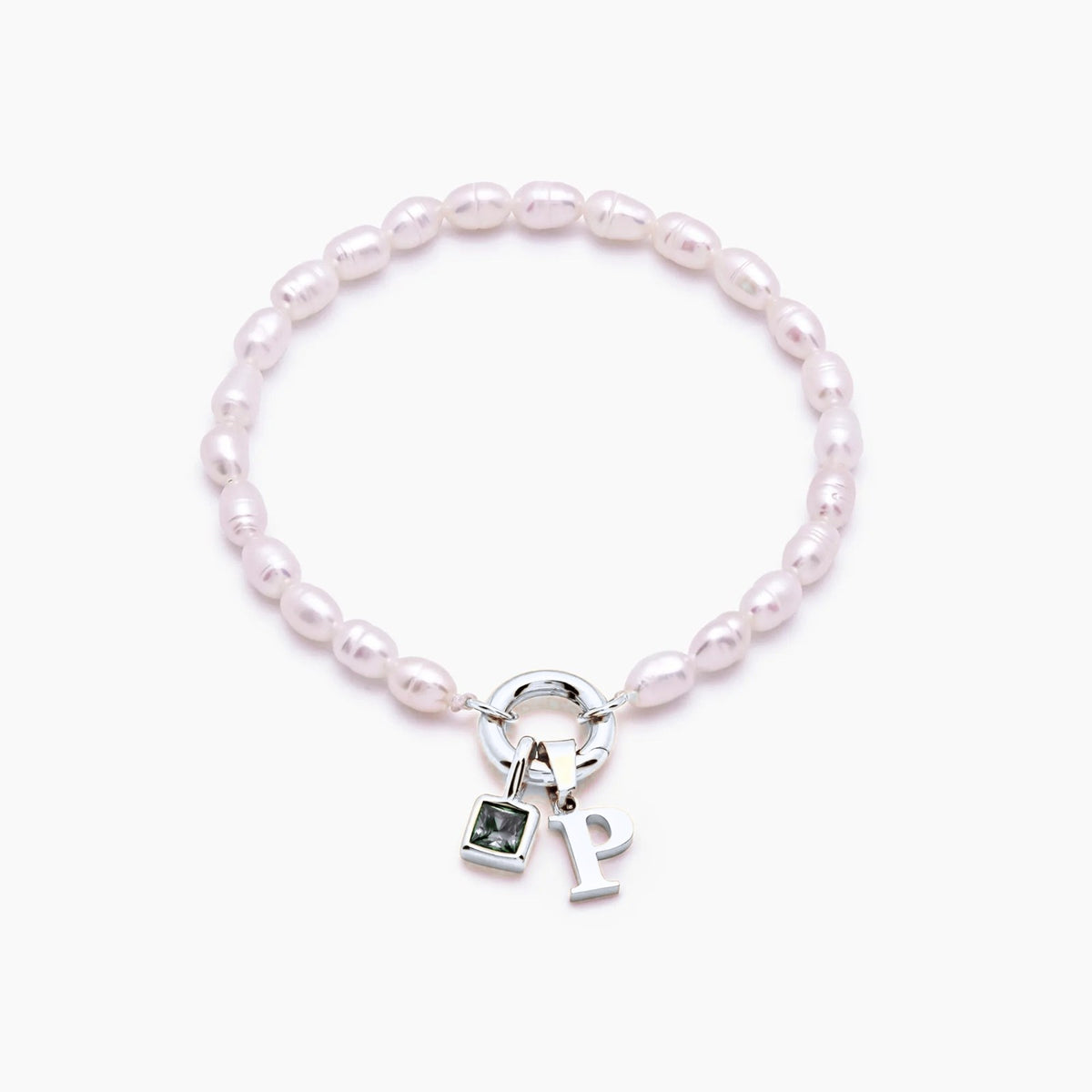 pearl-initial-birthstone-bracelet — Silver / Apr-Diamond