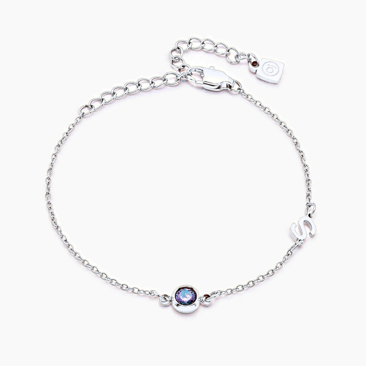 side-set-initial-birthstone-bracelet — Silver / Dec-Blue Topaz