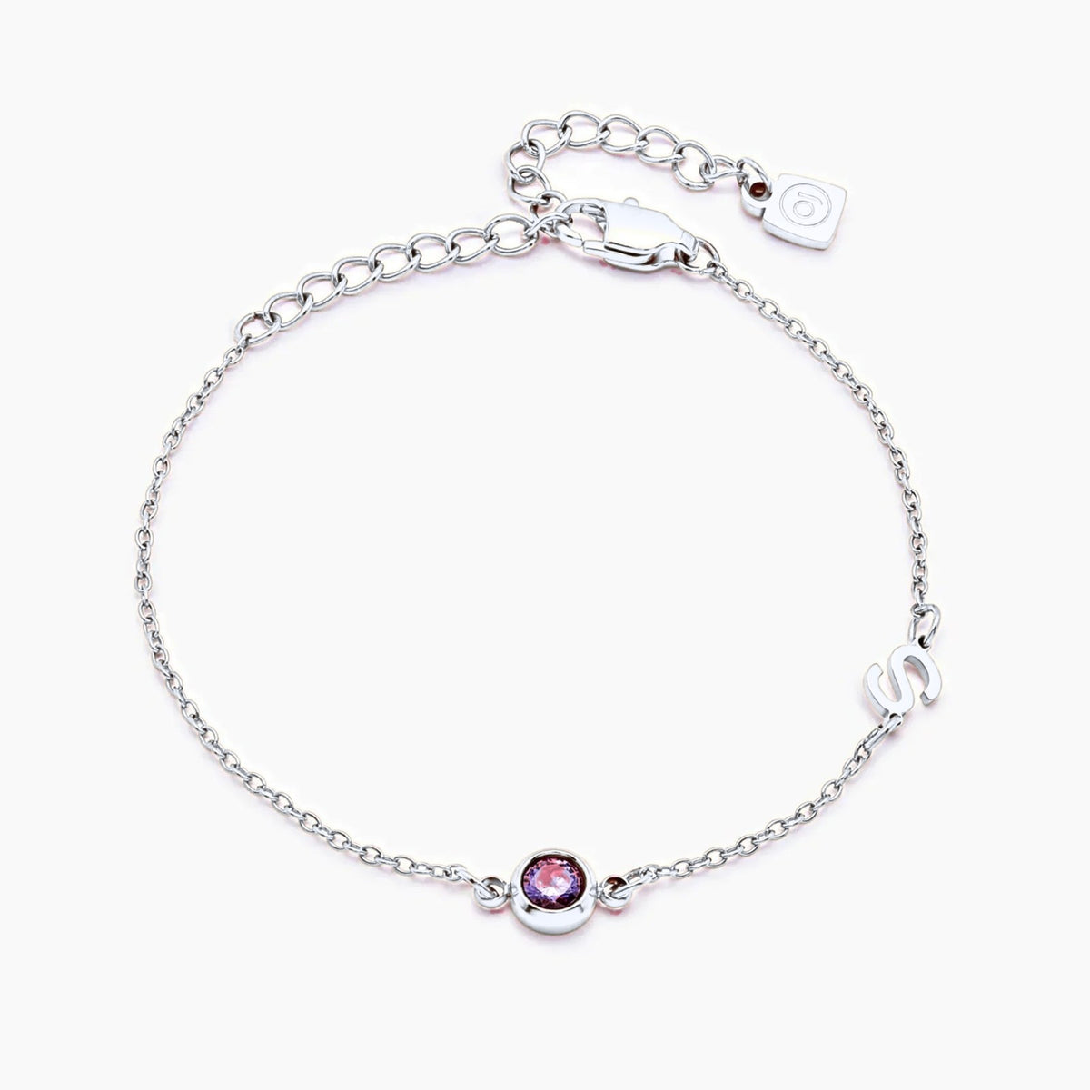 side-set-initial-birthstone-bracelet — Silver / Jul-Ruby