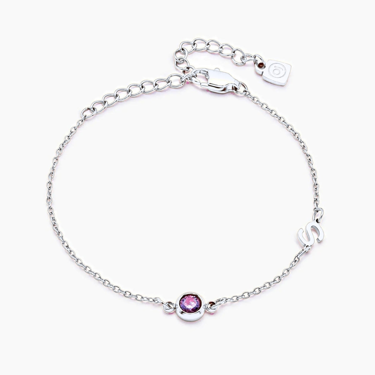 side-set-initial-birthstone-bracelet — Silver / Oct-Pink Tourmaline