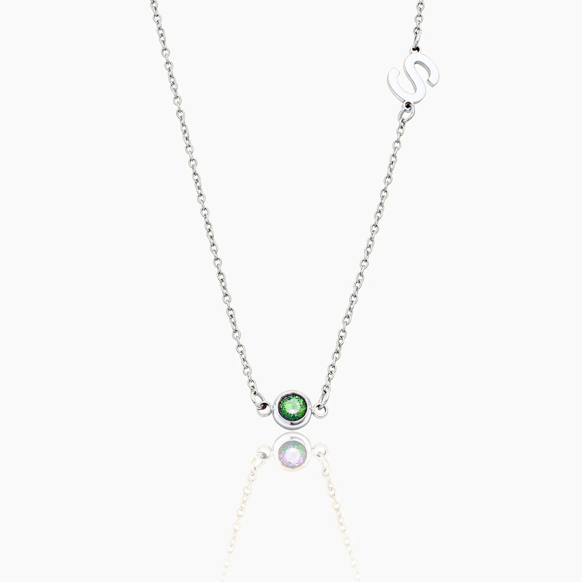 side-set-initial-birthstone-necklace — Silver / May-Emerald